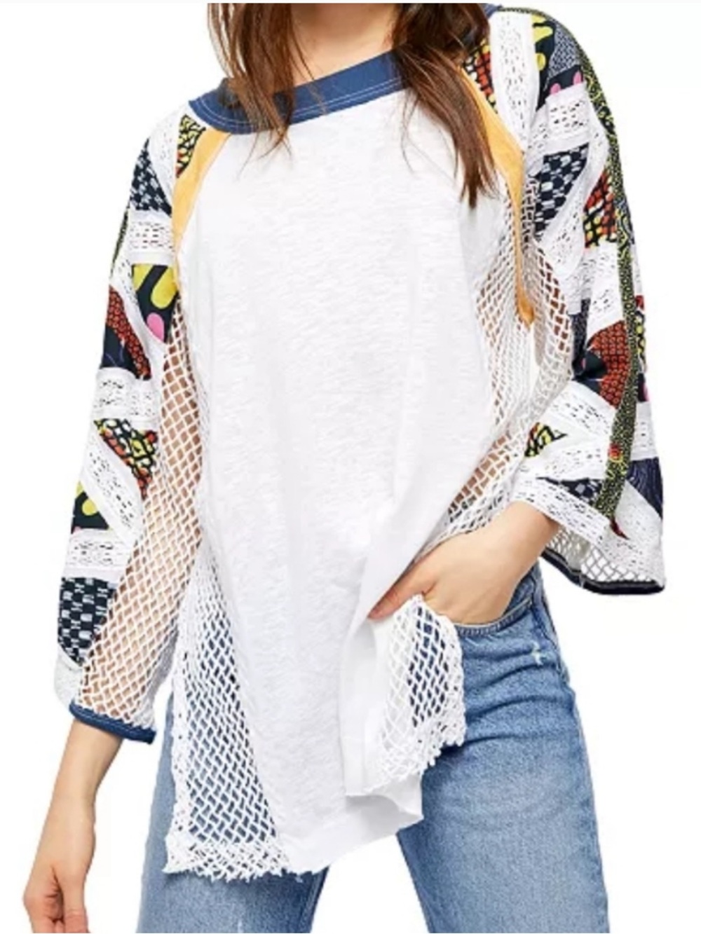 ▫️🌀Free People We The Free Serengeti Mixed Media Top Mesh Patchwork Sleeves🌀▫️